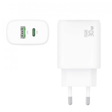Cargador de pared Gan USB-C y USB-A 3.0 30W